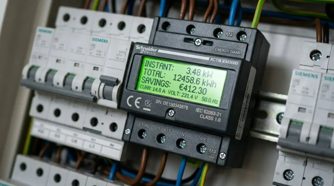 A close-up of a digital electricity meter in a European electrical cabinet, showing energy savings metrics and CE certification marks.